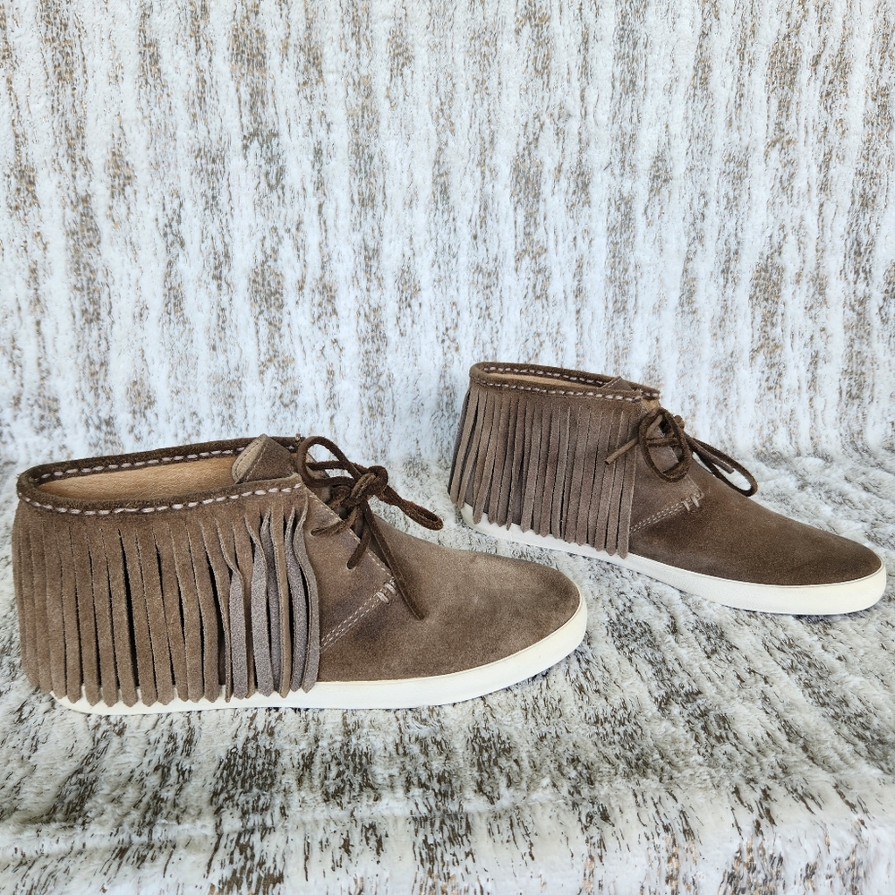 Frye "Dylan" Suede Fringed Moccasin Sneakers Taupe Tan Western | Women's Size 9 - Picture 8 of 12
